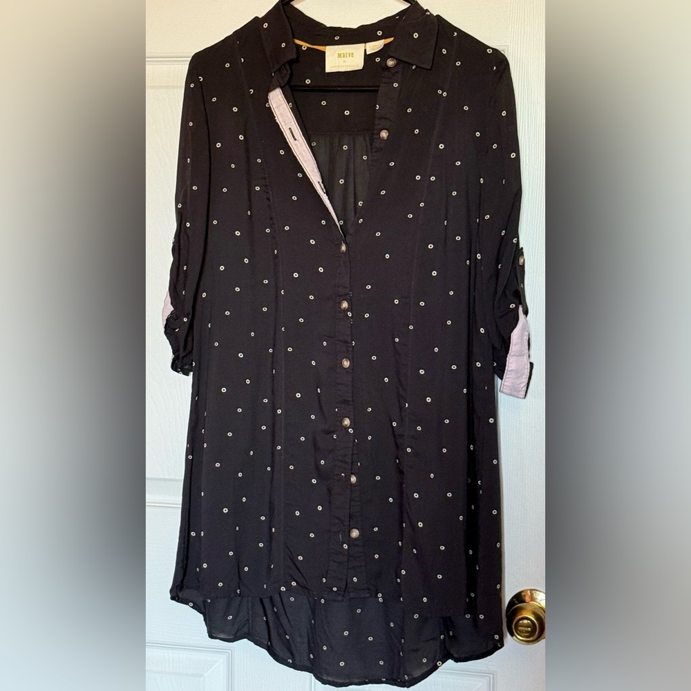 Anthropologie Maeve Black Button Down Blouse with Circle Dots